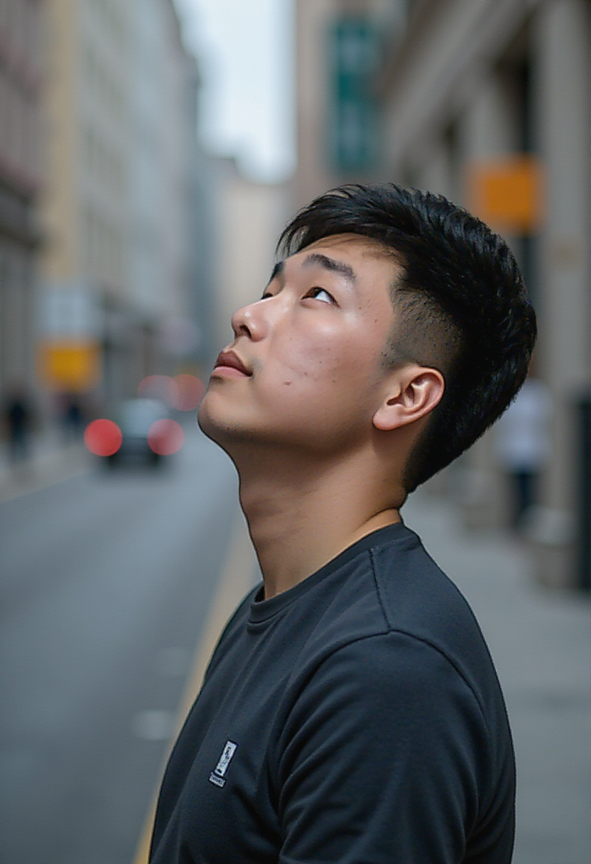 A man in a alice blue shirt with a thinking expression